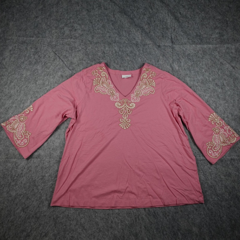 J Jill Top Women Extra Large Pink Embroidered V Neck Cotton Modal 3/4 Sleeve
